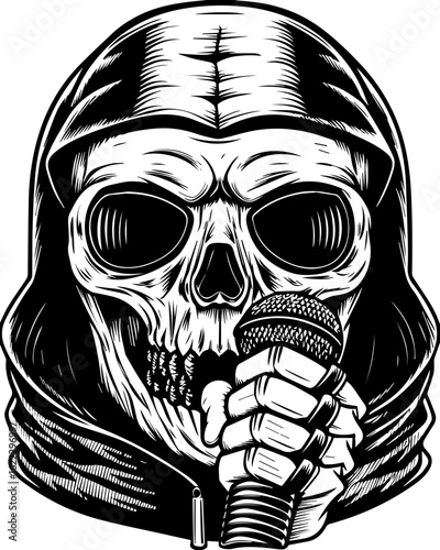 SVG of a rapper-themed skull and skeleton in an edgy tattoo style. Skull in Hoodie Holding Microphone for Engaging Music Themes