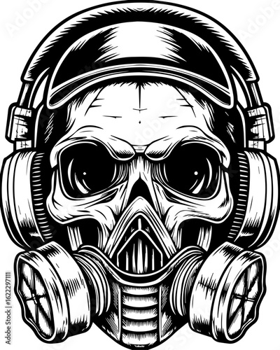 SVG of a rapper-themed skull and skeleton in an edgy tattoo style. Skull Design with Headphones and Gas Mask for Urban Fashion