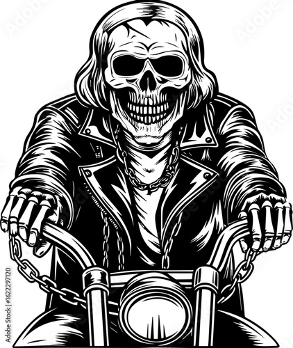 SVG of a rapper-themed skull and skeleton in an edgy tattoo style. Skull Rider on Motorcycle with Leather Jacket and Sunglasses