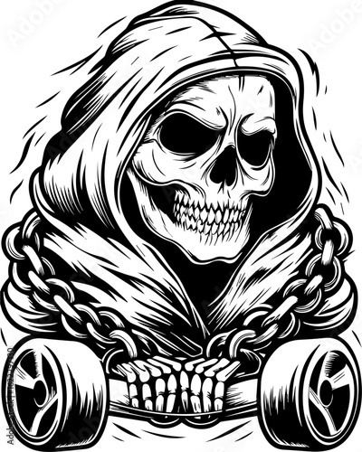 SVG of a rapper-themed skull and skeleton in an edgy tattoo style. Skull Illustration with Hood and Chains for Dark Themes and Designs