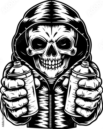 SVG of a rapper-themed skull and skeleton in an edgy tattoo style. Dark Skull Graffiti Artist with Spray Paint Cans in Hooded Jacket