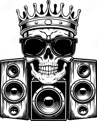 SVG of a rapper-themed skull and skeleton in an edgy tattoo style. Skull with Sunglasses and Crown Surrounded by Speakers Design