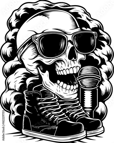 SVG of a rapper-themed skull and skeleton in an edgy tattoo style. Skull with Sunglasses and Microphone in Edgy Monochrome Style