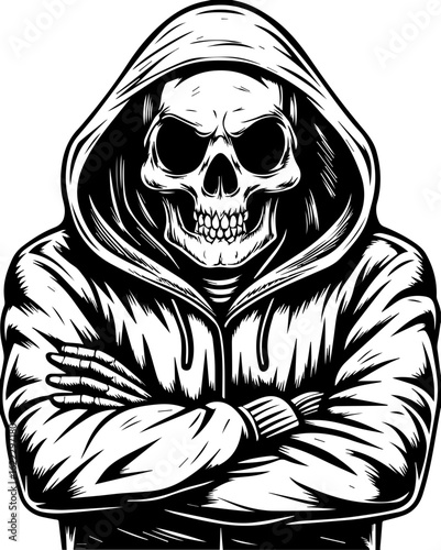 SVG of a rapper-themed skull and skeleton in an edgy tattoo style. Grim Reaper in Hoodie with Crossed Arms in Black and White Illustration