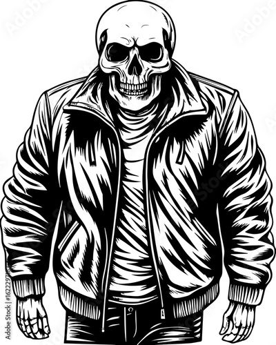 SVG of a rapper-themed skull and skeleton in an edgy tattoo style. Dramatic Illustration of a Skull Figure in Leather Jacket Design