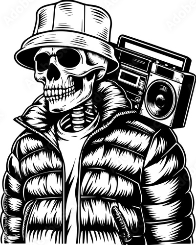 SVG of a rapper-themed skull and skeleton in an edgy tattoo style. Skeleton in Stylish Outfit with Boom Box and Bucket Hat