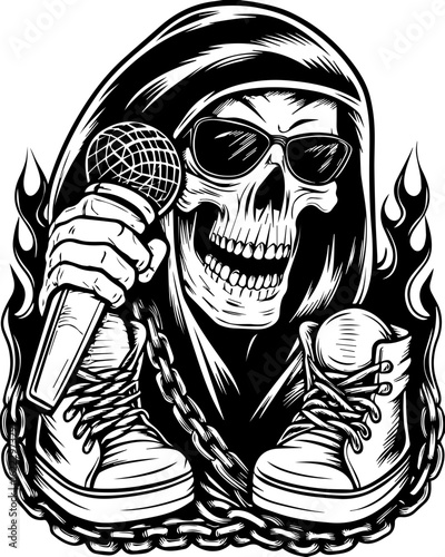 SVG of a rapper-themed skull and skeleton in an edgy tattoo style. Skeleton Rapper with Microphone and Stylish Footwear Design
