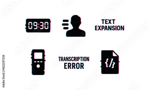 six different glitch effect illustration isolated on white backgorund timestamp insertion macro speaker identification chart text expansion software digital voice recorder transcription