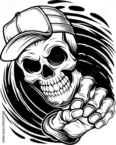 SVG of a rapper-themed skull and skeleton in an edgy tattoo style. Grinning Skeleton in Cap Reaching Out, Intricate Black and White Art