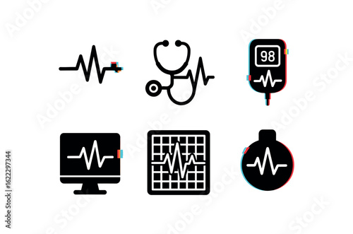 six different glitch effect illustration isolated on white backgorund heartbeat ECG waveform heartbeat stethoscope trace heartbeat pulse oximeter reading heartbeat monitor alarm heartbeat