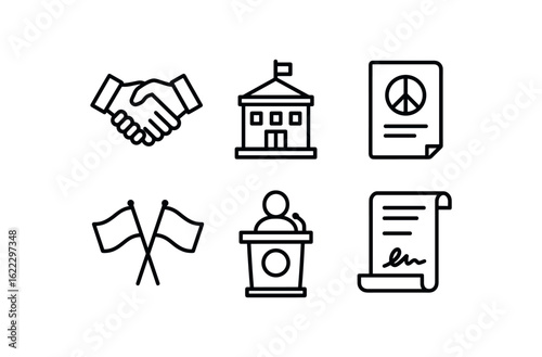 simple outline stroke icon items ambassador (diplomacy): handshake embassy building peace document country flags speech podium agreement scroll monoline icons style isolated on white