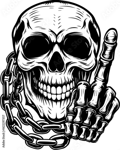 SVG of a rapper-themed skull and skeleton in an edgy tattoo style. Skull with Chain and Finger Pointing Upward, Vintage Style Artwork