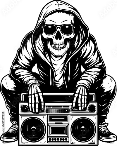SVG of a rapper-themed skull and skeleton in an edgy tattoo style. Cool Skeleton with Boombox in Hoodie and Sunglasses
