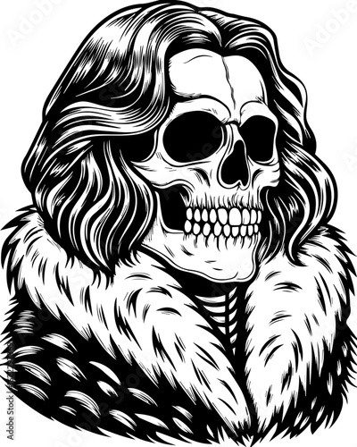 SVG of a rapper-themed skull and skeleton in an edgy tattoo style. Detailed Skull Illustration with Long Hair and Fur Coat Design