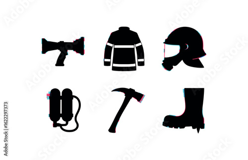 six different glitch effect illustration isolated on white backgorund firefighter hose nozzle firefighter turnout coat firefighter helmet visor firefighter oxygen tank firefighter axe tool