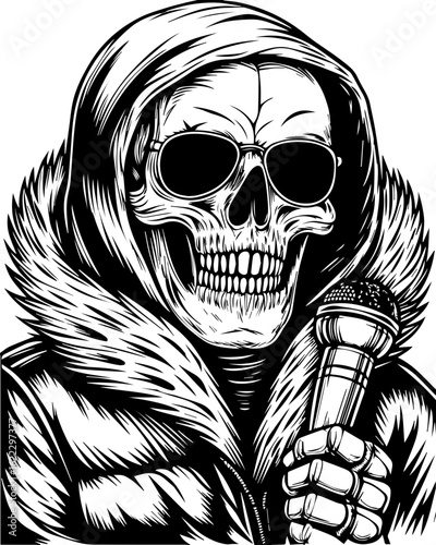 SVG of a rapper-themed skull and skeleton in an edgy tattoo style. Skeleton with Microphone in Hoodie for Music and Halloween Themes