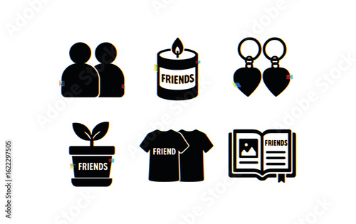 six different glitch effect illustration isolated on white backgorund friendship card pack friendship candle set friendship keychain pair friendship plant pot friendship matching shirts