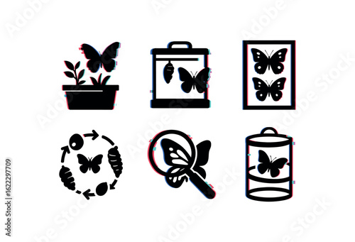 six different glitch effect illustration isolated on white backgorund butterfly garden planter butterfly emergence chamber butterfly species poster butterfly life cycle model butterfly wing