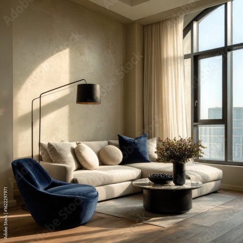 Modern Elegant Living Room with Blue Accents