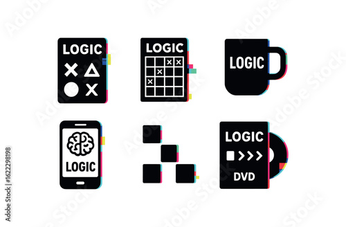 six different glitch effect illustration isolated on white backgorund logic reasoning cards logic grid puzzle pad logic theorem mug logic brain teaser app subscription logic sequence blocks