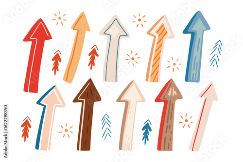 Arrow Progression: A collection of colorful arrows pointing upwards, each with unique textures and designs, symbolize growth, direction, and the journey toward a goal.