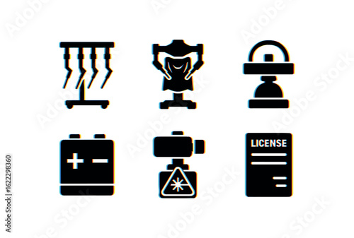 six different glitch effect illustration isolated on white backgorund surgical robot instrument rack surgical robot sterile drape surgical robot calibration phantom surgical robot backup