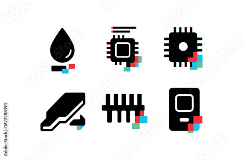 six different glitch effect illustration isolated on white backgorund droplet generator chip surface treatment droplet generator chip control firmware droplet generator chip droplet sensor