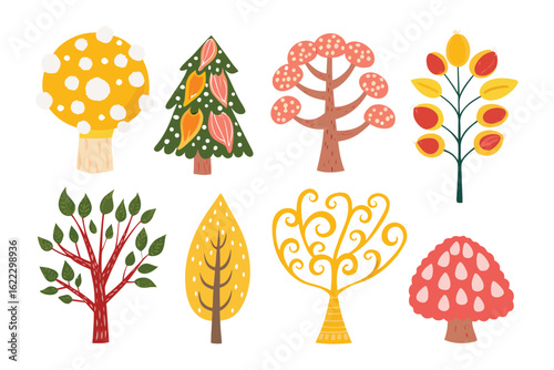 Vibrant Tree Collection: An assortment of beautifully illustrated trees, each showcasing unique shapes and colors, perfect for adding a touch of nature-inspired charm.