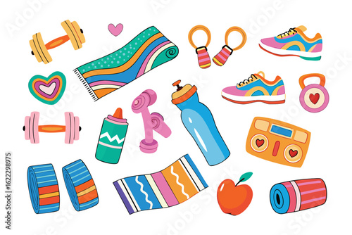 Fitness Studio: A colorful array of workout essentials, including dumbbells, yoga mats, water bottles, and heart-shaped details, symbolizes a dedication to health and well-being.