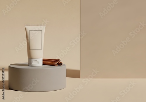 Minimalist Cosmetic Cream Tube Mockup with Cinnamon Sticks on a Beige Background