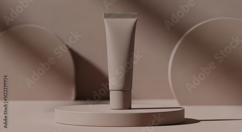 Minimalist cosmetic tube mockup on a neutral podium showcasing product elegance in studio lighting
