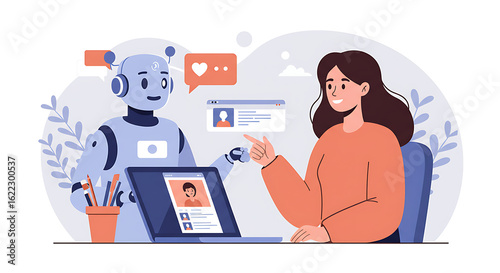 Artificial intelligence in human resources. A woman recruiter and a robot assistant collaborate on candidate selection using a laptop.