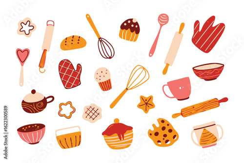 Baking Utensils and Ingredients: A vibrant collection of essential baking tools and ingredients, perfectly arranged and ready for culinary creations.