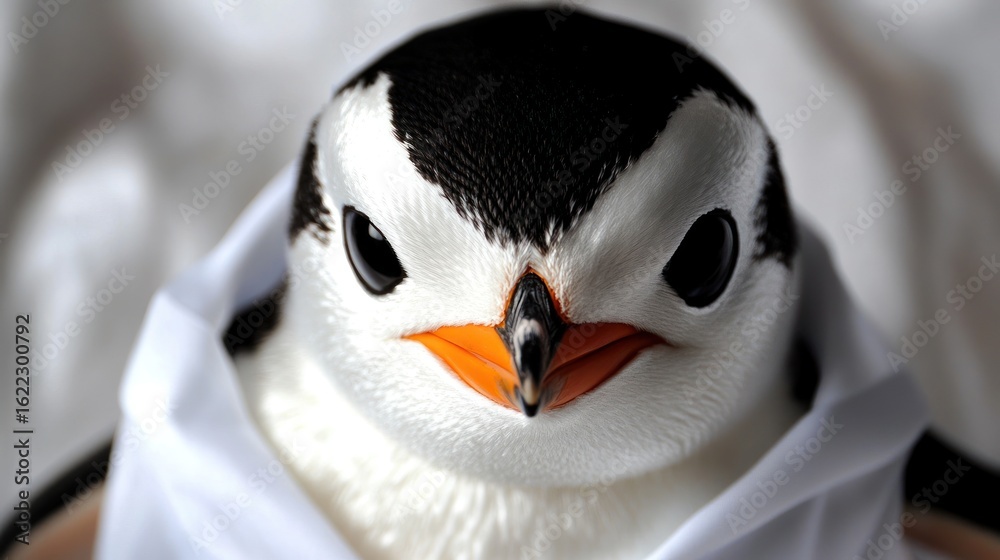 Naklejka premium Angry penguin chick closeup, Antarctic, white background, wildlife documentary