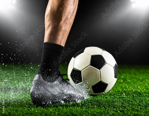 Close-up of a footballer’s leg kicking a ball on a stadium field. Dust and grass in motion, dramatic lighting, no face visible, sports editorial style.