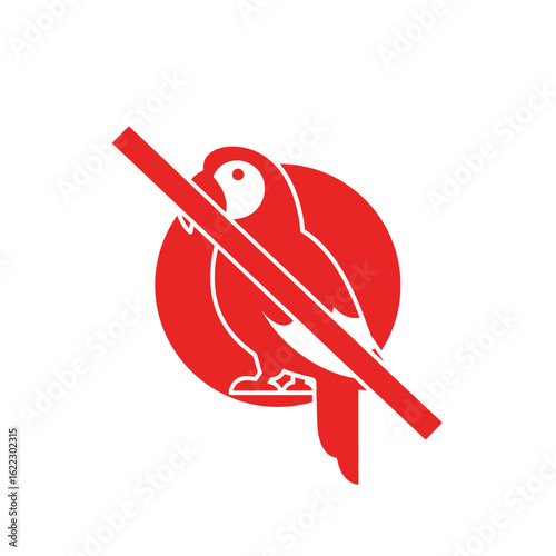 Red prohibition sign with a white parrot silhouette perched on a diagonal line, isolated on a white background.
