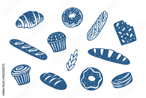 Artisan Bakery Delights: An artistic assortment of hand-drawn bakery staples showcases an array of fresh and delectable baked goods perfect for food and culinary themes.