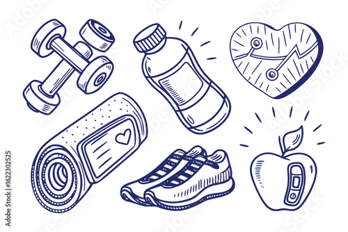 Fitness Essentials: A captivating collection of fitness and wellness icons, thoughtfully sketched to inspire a healthy lifestyle. These hand-drawn icons, featuring dumbbells, water bottle.