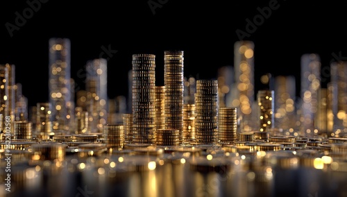A city skyline composed of stacked gold coins.  Golden coins form tall buildings against a dark backdrop of blurred, glowing city lights.  The foreground is densely packed with coins.