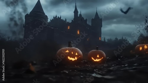 Spooky Halloween scene with carved pumpkins in foreground and a dark castle at dusk