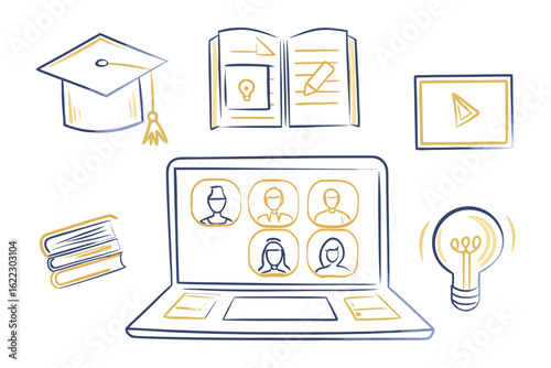 Online Education Illustration: Depicting the essence of remote learning, this illustration shows a laptop screen with online students, a book, video, graduation hat, and a lightbulb.