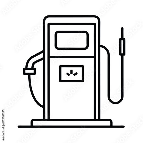 Simple line art icon of a gas pump A minimalist black and white line drawing of a fuel dispenser, commonly found at gas stations.