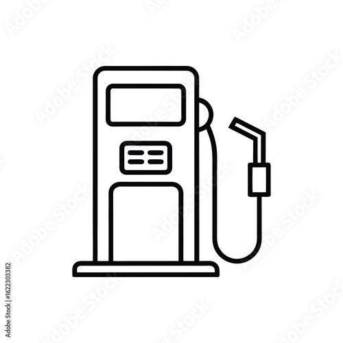 Simple line art icon of a gas pump A black and white outline illustration of a gas station fuel pump with a hose and nozzle, representing energy and transportation.