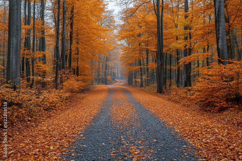 Obraz premium Fall leaves scattered on a wooded road.
