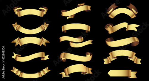 Set of gold ribbon banners template design. Luxury ribbons isolated on black background. vector	