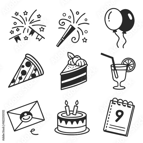 Celebration Vector Illustration with Party Elements Balloons Cake and Calendar in Minimalist Style