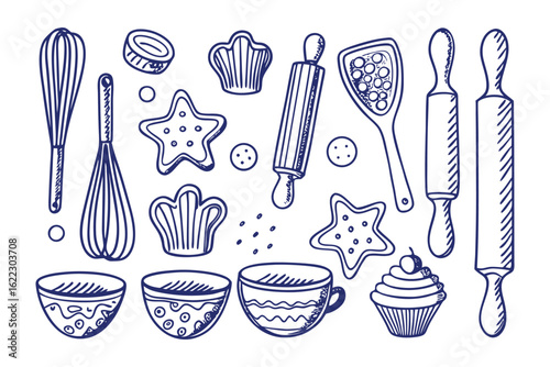 Baking utensils illustration: A charming illustration featuring a delightful assortment of baking tools, from whisks and rolling pins to cookie cutters and bowls, all ready for culinary creativity.