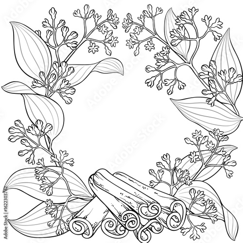 Cinnamon Branch with Flowers and Leaves Outline Frame. Organic natural nutritional healthy food ingredient, vegetarian diet product. Vector isolated for design or decoration.
