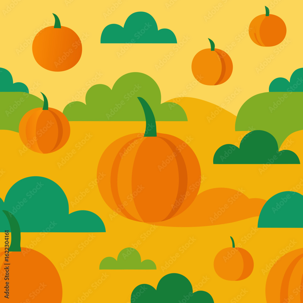 Autumn harvest pattern with orange pumpkins and green hills