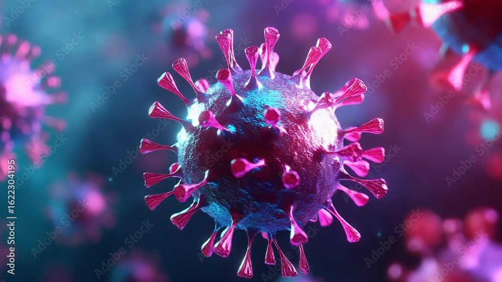 Microscopic view of virus showing surface proteins floating in a colorful environment